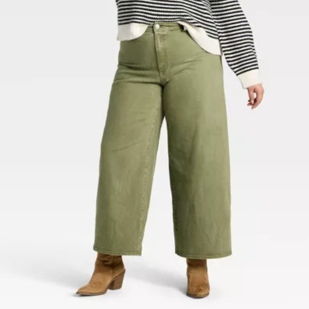 UNIVERSAL THREAD Women High-Rise Sailor, Wide Leg Ankle Jeans - Olive Green 16